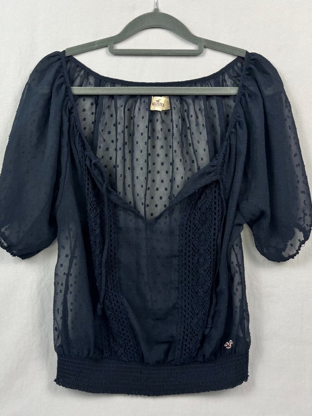 Hollister Sheer Black Swiss Dot Crochet Peasant Blouse Boho Hippie Cottagecore